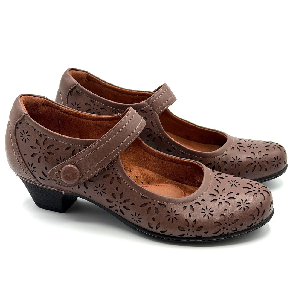 Cobb Hill Mary Jane Pumps Womens 9M Brown Laser Cut Floral Comfort Heel Walking